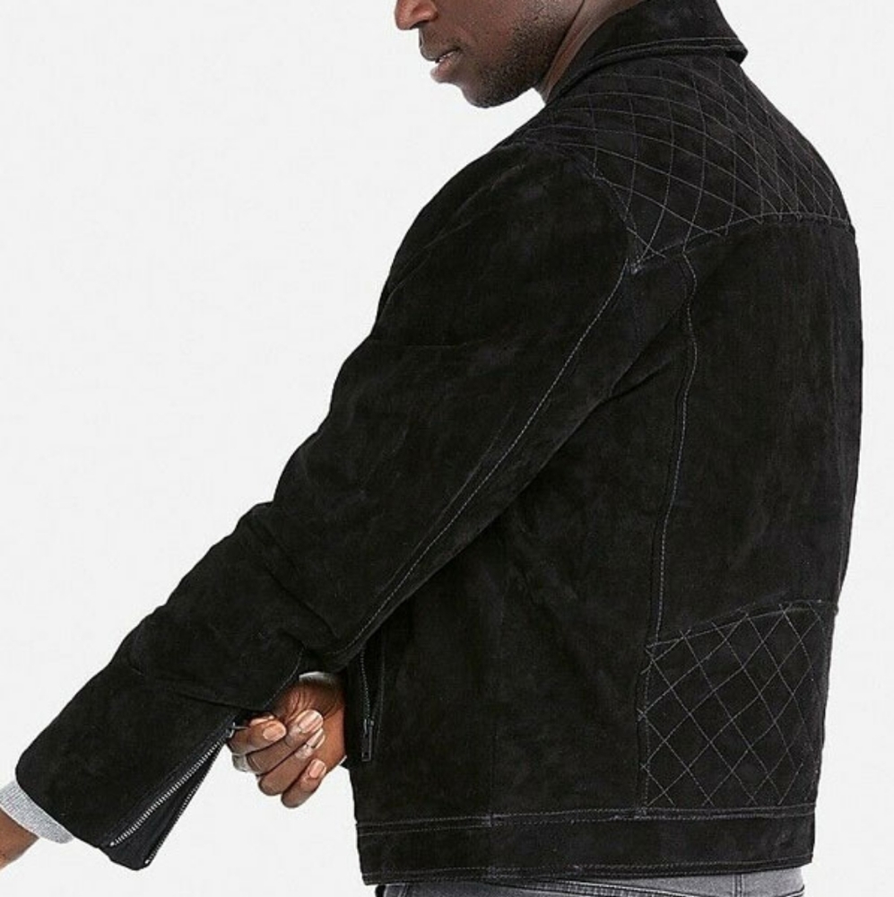 EXPRESS Genuine Black Suede Quilted Biker Bomber Moto Jacket Unisex - Picture 7 of 7